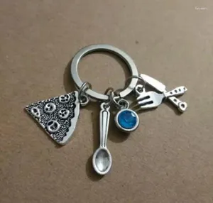 Llaveros 1 unids / lote Pizza Cuchillo Tenedor y Cuchara Llavero Para Llaves Bolsa de Coche Encanto Llavero Bolso Pareja Cadenas Joyería