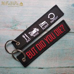 Keychains 2 PCS Black Sleutelhanger Broderie Fund Keychain Fashion Motorcycle Phone Phone Eat Ride Sleep Repeat Keyring Llavero