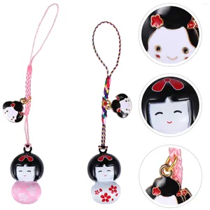 Porte-clés 2 pièces Couple ornement sac pendentif breloques japonais Kimono poupées laiton porte-clés Kokeshi support en métal