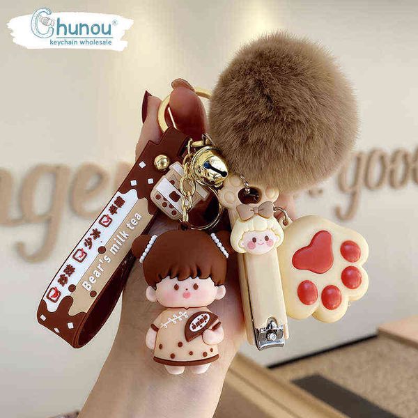 Llaveros 2022New Girl Creative Crystal Milk Tea Cup Cuerda de cuero Llavero Bola de pelo de dibujos animados Nail Clipper Bag Colgante Llavero de coche Mujer T220909