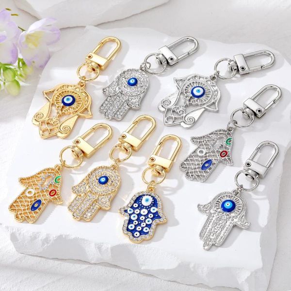 Porte-clés 2023 bleu turc mauvais œil porte-clés pour femmes hommes mode creux palmier strass pendentif Couple bijoux accessoires