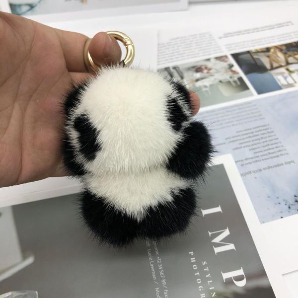 Llaveros 2023 lindo Panda Animal llavero Real piel genuina bola pompón anillo bolsa colgante encanto para mujeres F337