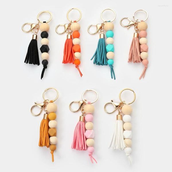 Llaveros 2023 cuentas de moda para mujeres niñas simple verano silicona madera con cuentas colgante borla llavero accesorio regalos