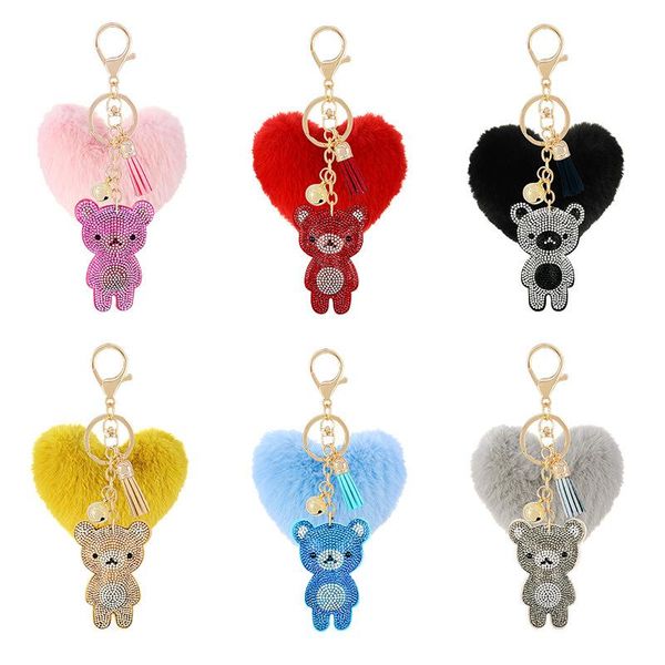 Llaveros 2023 terciopelo coreano diamantes de imitación lindo oso piel corazón bola llavero colgante pompón joyería bolsa accesorios colgantes