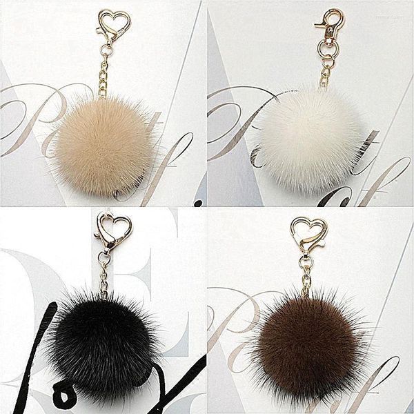 Porte-clés 2023 Luxe Véritable Boule De Fourrure PomPom 9 Couleurs Véritable Vison Porte-clés En Forme De Coeur En Métal Porte-clés Pendentif Sac Charme Femmes F331