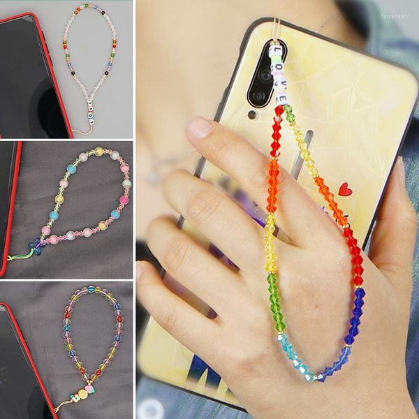 Porte-clés 2023 Simple bohème lettre amour perlé Anti-perte téléphone portable chaîne clé couleur mignon Fruit doux poterie Lanyar