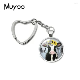 Keychains 2024 Vache de vache florale Keychain Animal Art Verre Dôme Cabochon Jewelry Gift