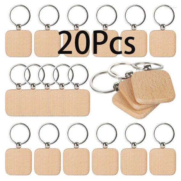 Llaveros 20pcs DIY Llavero de madera en blanco Anillo tallado cuadrado