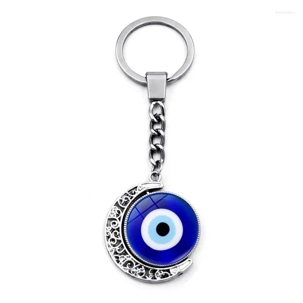 Porte-clés 20pcs Turquie Verre Evil Eye Porte-clés Pendentif Double Face Rotation Lune Bleu Yeux Porte-clés Accessoires