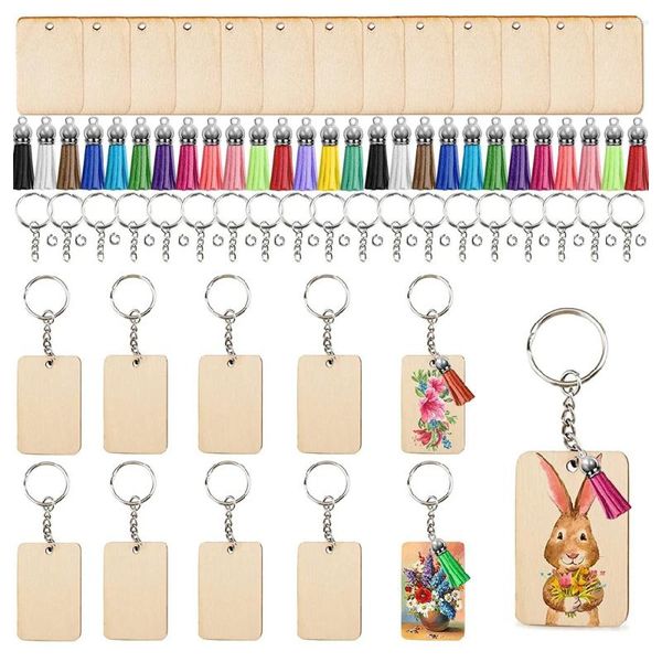 Porte-clés 240pcs en bois puce vierge porte-clés disques en cuir glands en métal porte-clés anneau ensemble bricolage accessoires en gros