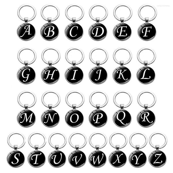 Porte-clés 26 Lettre Anglaise Noir Pendentif Rond Porte-clés Pour Femmes Hommes Alphabet Métal Sac De Voiture Téléphone Porte-clés Porte-clés En Verre Accessoires