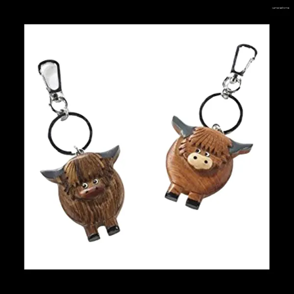 Llaveros 2pcs Key Band Cadena de vaca Anillo de madera Highlands Puerta de coche Hebilla decorativa