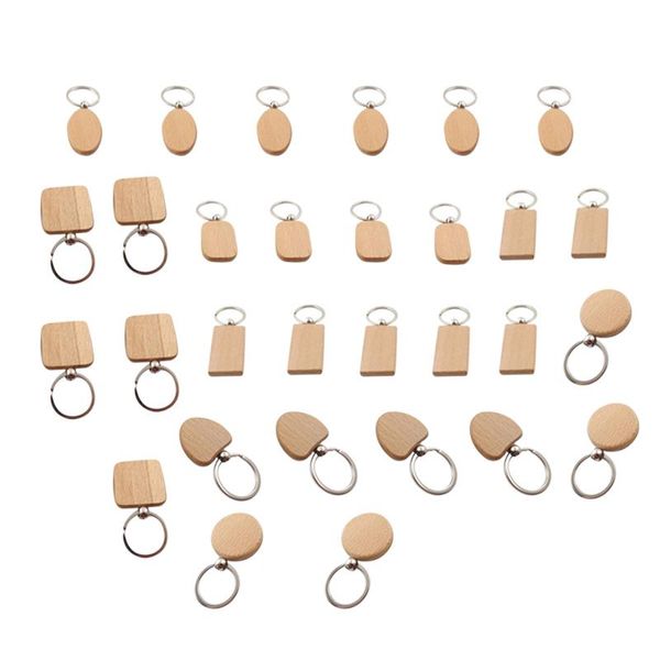 Llaveros 30 Unids / lote Diy Llavero de Madera en Blanco Rectángulo Corazón Redondo Elipse Tallado Llavero Llavero de Madera Anillo Para Hombres Mujeres GiftKeychains