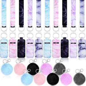 Porte-clés 30pcs marbre Chapstick Holder Keychain Lip Set Wristlet Lanyard Pom Charms