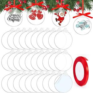 Porte-clés 30pcs / Set Clear Acrylique Ornements de Noël Blanc Rond Suspendu Étiquettes d'arbre avec ruban