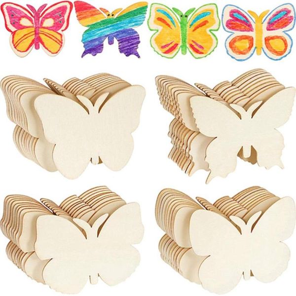 Porte-clés 40 pièces 4 Styles papillon inachevé en bois blanc en forme de tranches découpes pour bricolage peinture étiquettes mariage décorations pour la maison