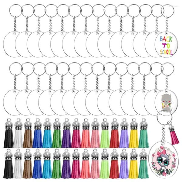 Llaveros 48pcs Kit de espacios en blanco de acrílico transparente que incluye anillos de llavero de borlas de cuero y salto para llavero de bricolaje