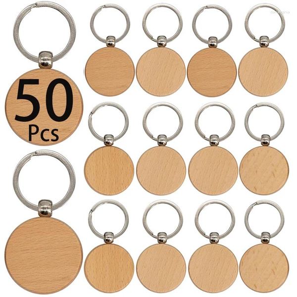 Keychains 50pcs en bois rond des principaux blancs de clés de bricolage