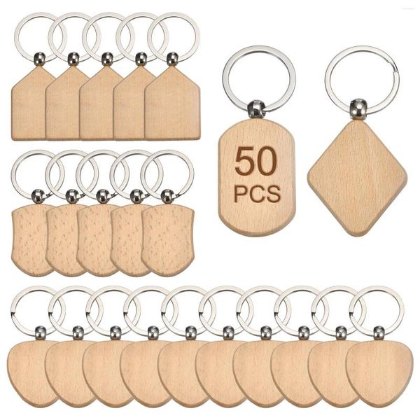 Porte-clés 50pcs / Set Blank Porte-clés en bois Géométrie Forme Chaînes Étiquettes Bague en bois Tag pour bricolage Artisanat Cadeaux