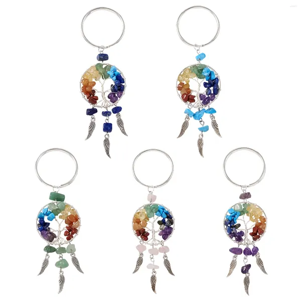 Porte-clés 5pcs 7 chakra puce pierre perles suspendues fil de cuivre rond avec pendentif arbre porte-clés porte-clés bricolage porte-clés accessoires