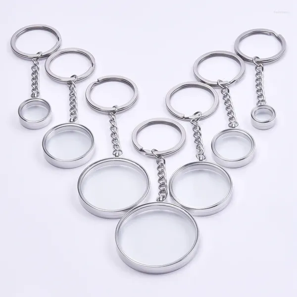 Porte-clés 5pcs / lot taille intérieure 10-40mm verre clair médaillon flottant pendentif hommes porte-clés rond porte-monnaie Relicario porte-clés bijoux