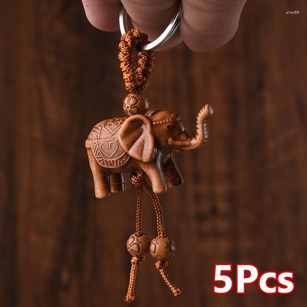 Porte-clés 5pcs femmes hommes chanceux en bois éléphant sculpture pendentif porte-clés religion chaîne porte-clés porte-clés bijoux en gros mignon