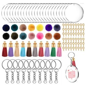 Porte-clés 60pcs Kit de trousseaux de porte-clés en acrylique avec porte-clés sautent des disques clairs ronds cercles pendentifs de pompon colorés pour bricolage