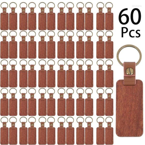 Keychains 60pcs rectangle en bois inachevé clés en bois en bois en cuir en cuir blanches clés de bricolage