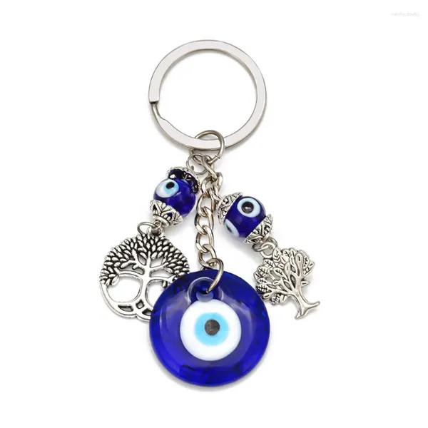 Porte-clés 6pcs Bohême Turc Evil Eye Porte-clés Arbre de vie Charme Porte-clés Pendentif avec des chaînes de cristal de perles bleues