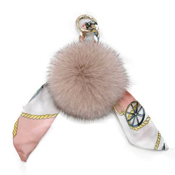 Porte-clés 9cm Grand Naturel Fourrure De Renard Pom poms Porte-clés Porte-clés Pour Femmes Écharpe Imprimer Soie Bowknot Ruban Métal Sac Charme Porte-clés f274 T221006