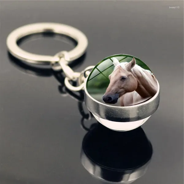 Porte-clés accessoires cheval photo temps pierre porte-clés double face boule de verre porte-clés mignon bricolage