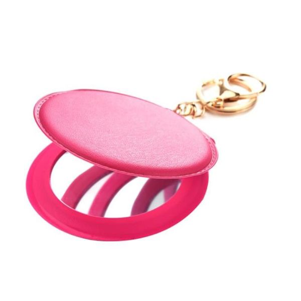 Porte-clés accessoires cuir Pu résistant à la saleté Double face petit miroir rond maquillage porte-clés poche pliante