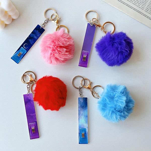 Porte-clés Acrylique Débit Grabber Porte-clés Amour Puff Ball Carte Sans Contact Ciel Étoilé Clip En Plastique Pour Ongles Longs