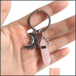 Schlüsselanhänger Legierung Crescent Moon Charms Schlüsselanhänger Naturstein Sechseckige Säule Paar Schlüsselanhänger Frauen Rosenquarz Schlüsselanhänger Dhseller2010 Dhrqe