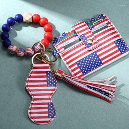 Keychains American Flag Patroon Tassel PU Leather Keychain Card Bag voor vrouwelijke kralen Bangle Key Ring Sieraden Gift