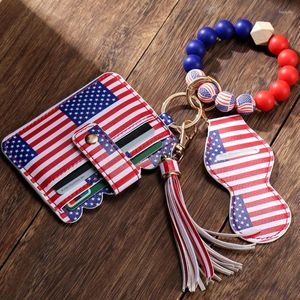 Porte-clés drapeau américain motif gland PU cuir porte-clés sac de carte pour femmes perles bracelet porte-clés bijoux cadeau