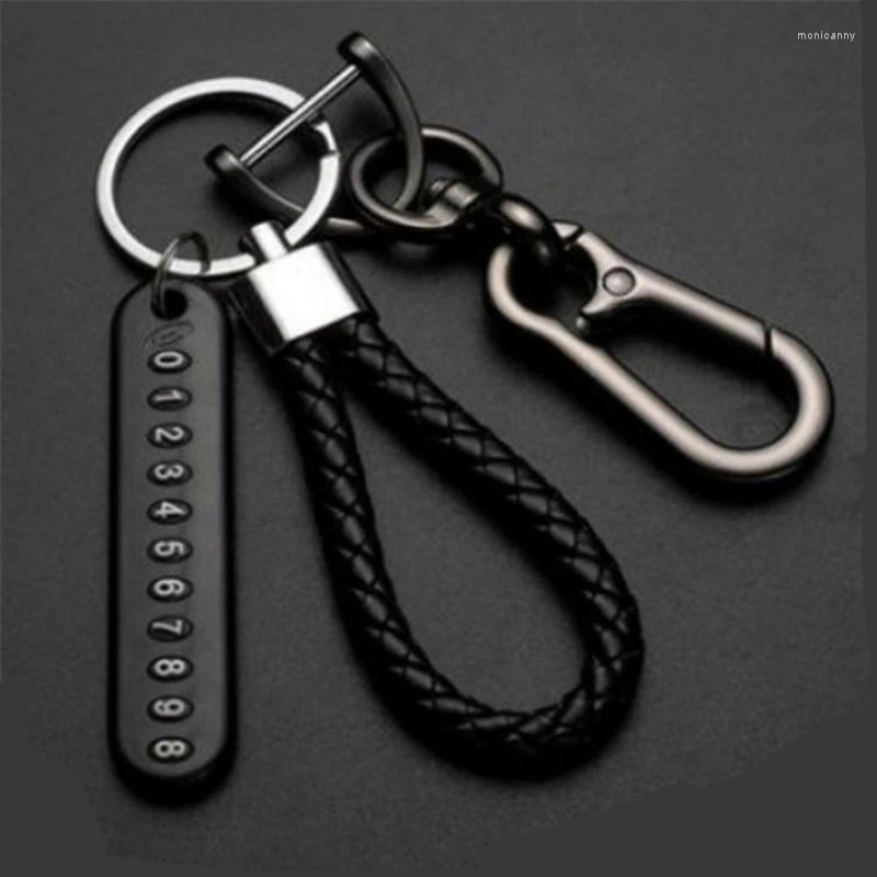 Nyckelringar Anti-Lost Car Nyckelring Telefonnummer Kort Keyring Leather Bradied Rope Auto Vehicle Key Chain Holder Accessories Gift For Man