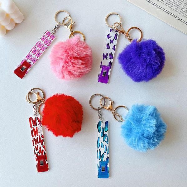 Porte-clés ATM Débit Grabber avec boule de bouffée et pince acrylique papillon pour ongles longs sans contact femmes cadeau porte-clés