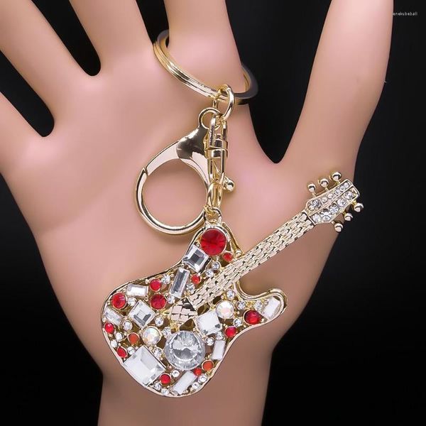 Llaveros Atractivo Instrumento Musical Guitarra Rhinestone Llavero Titular Hip Hop Música Monedero Bolsa Para Coche Regalo Decorativo Joyería