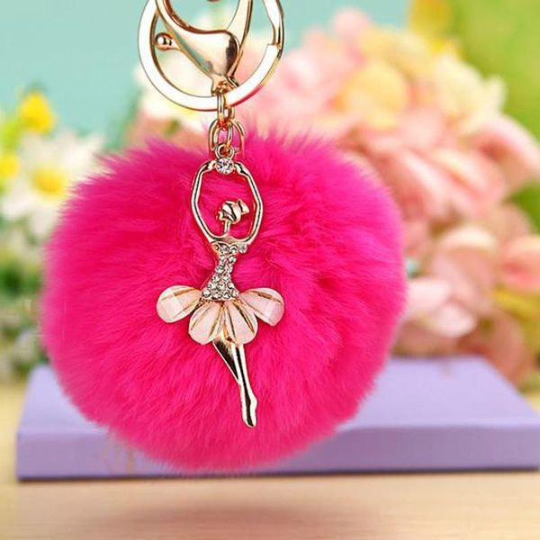 Llaveros Ballerina Girl Fluffy Real Fur Ball Llavero Coche Llavero Anillo Decoración para bolso