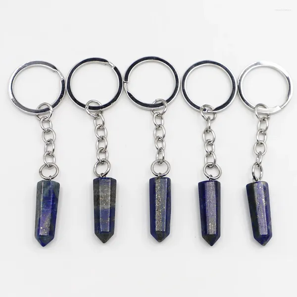 Porte-clés Belle Naturel Lapis Lazuli Porte-clés Hexagonal Pointu Pendentif Reiki Chakra Collier Voiture Porte-clés Bague Sac Bijoux Accessoire