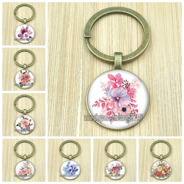 Porte-clés Belle Fleur De Pivoine Femmes Bronze Porte-clés Mode Mixte Rose Verre Porte-clés Porte-Chrysanthème Pour