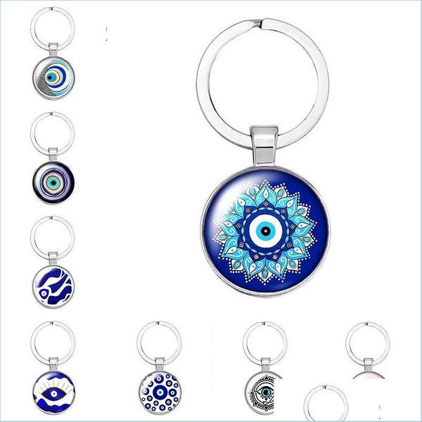 Porte-clés Beauté Bleu Mauvais Œil Religieux Po Rond En Verre Cabochon Porte-clés Anneau De Voiture Porte-Sangle Cadeau Drop Delivery 2021 Mode Accès Dhdpa