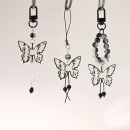 Porte-clés noir papillon perle pendentif téléphone charme sangles Y2K lanière accessoires de sac à main