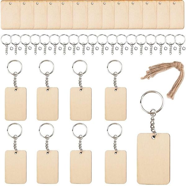 Porte-clés en forme de Rectangle blanc porte-clés en bois ensemble de 120 porte-clés en copeaux de bois non finis corde bricolage approvisionnement pour Hnadmade Craf