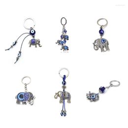 Keychains Blue Evil Eye Eye Olifant Pendant Key Chain Roestvrij staal Lucky Eyes Keychain Alloy Silver Color Bag auto voor mannen vrouwen