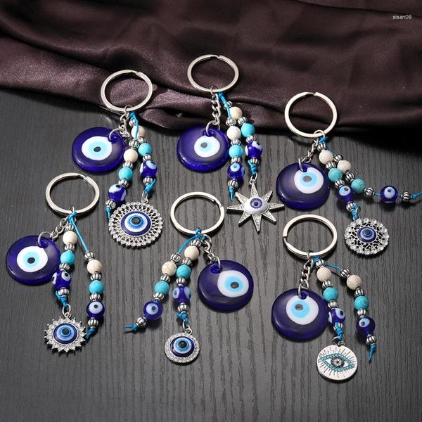 Llaveros Azul Mal de ojo Estrella Flor Llavero Mujeres Hombres Vidrio Vintage Hueco Redondo Pavo Lucky Beads Bolsa Coche Regalo Joyería