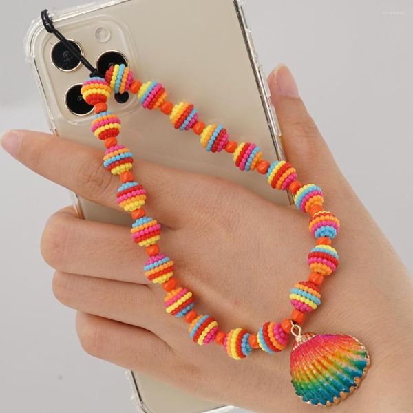 Porte-clés bohème coloré, pendentif en coquillage de téléphone, perles, chaîne pour femmes et filles, lanière, charme fait à la main, style Boho