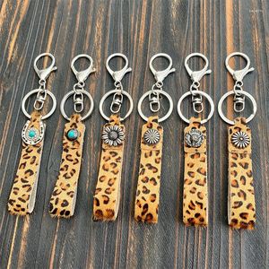 Porte-clés Boho Leopard Print Sac Pendentif Véritable Cuir Véritable Turquoise Key Fob Bijoux de mode