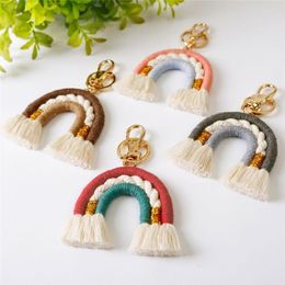 Keychains Boho Rainbow Tassel Woven Keychain Car Cavying Holder Sac Portefeuille Purse décor Art Key Chain Auto Interior Accessoires 256T